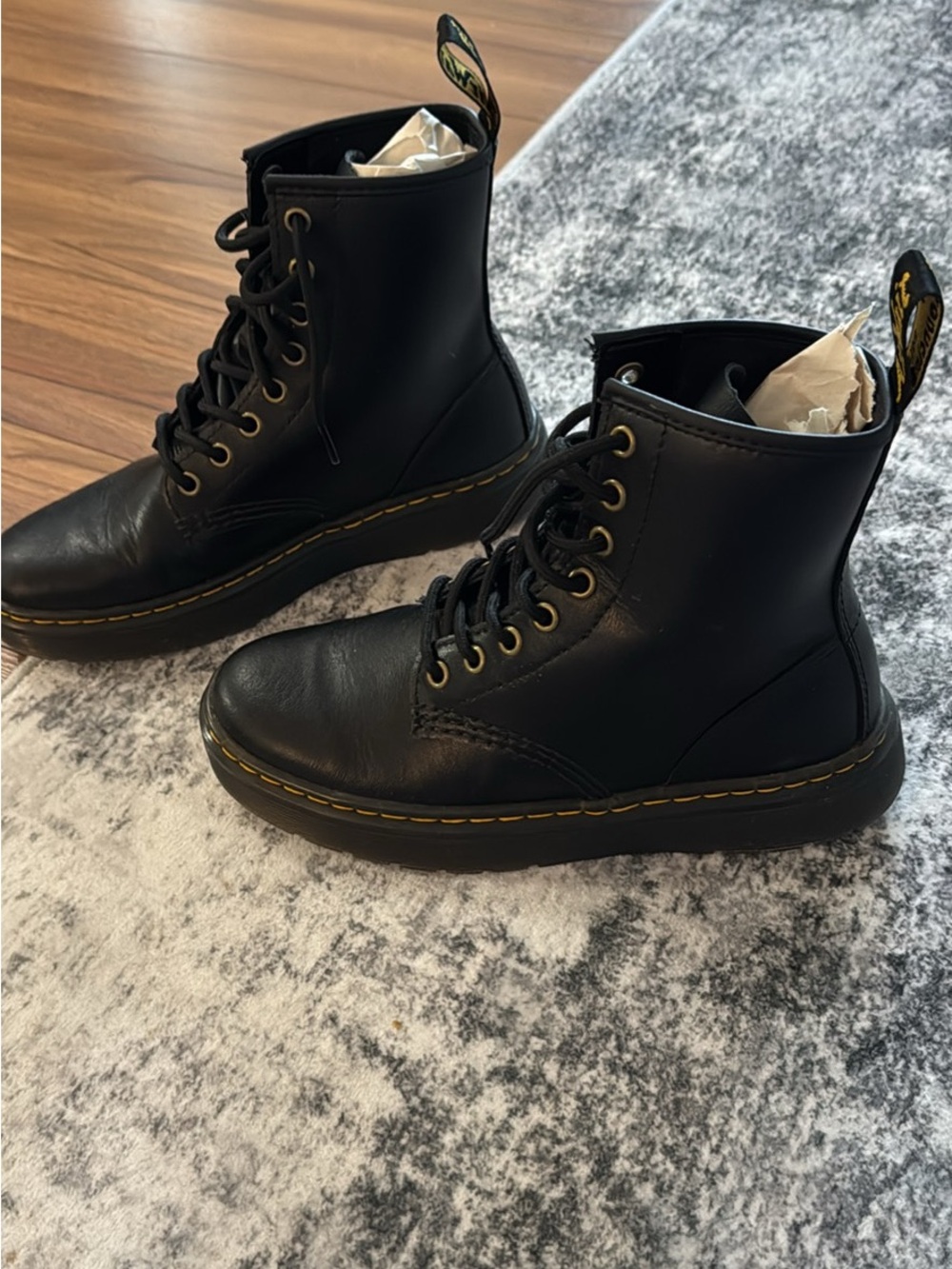 Dr. Martens Black Leather Lace-Up Ankle Boots with Yellow Welt Stitch